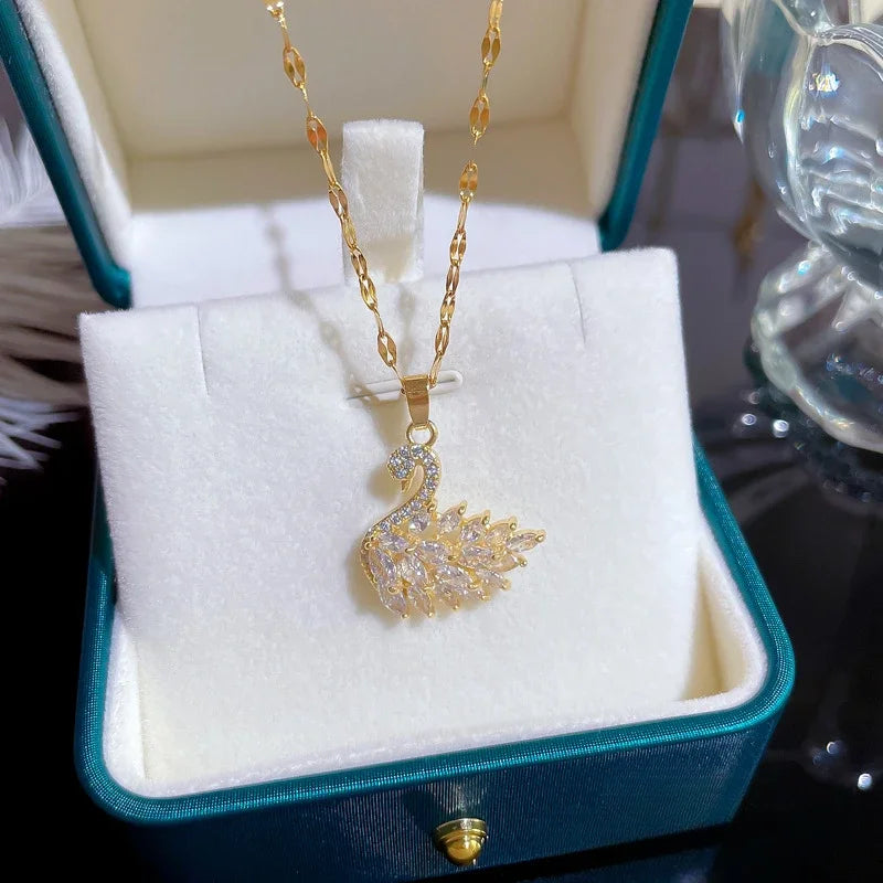 Veloura Crystal Swan Necklace – Zircon Gold-Tone Stainless Steel Design