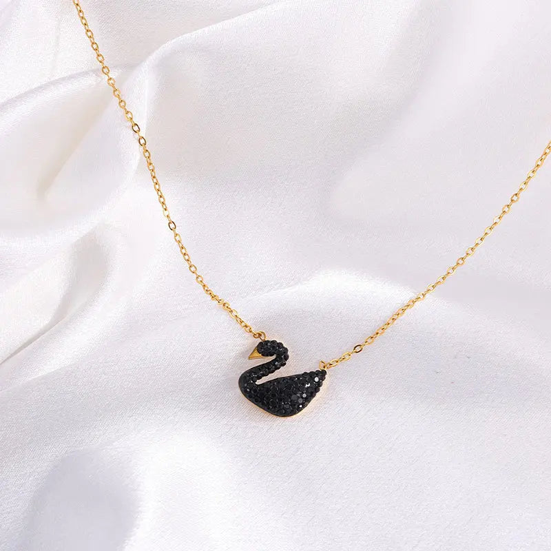 Veloura Noir Swan Necklace – Black Stainless Steel & Boudoir Elegance