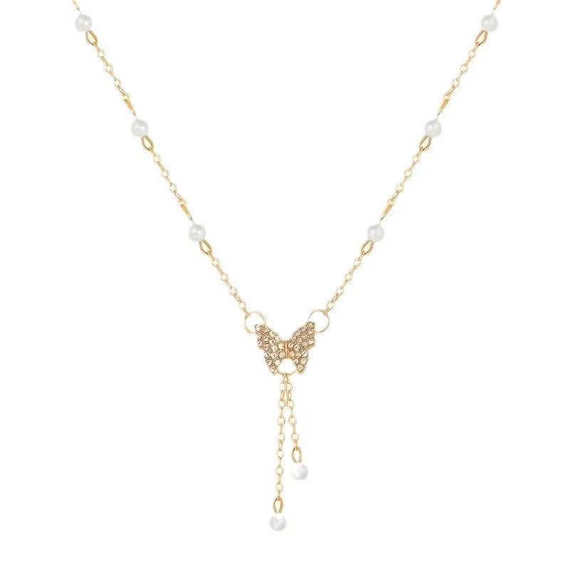 Veloura Monarch Butterfly Necklace – Pearl Chain & European-American Style