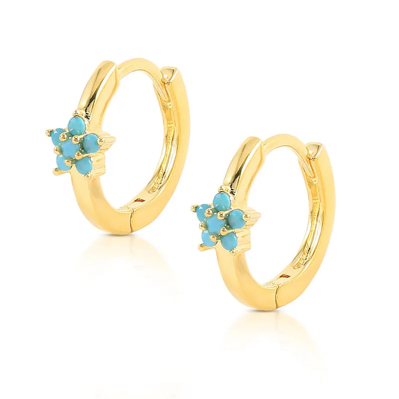 Veloura U-Shaped Flower Hoop Earrings - Cubic Zirconia & Turquoise