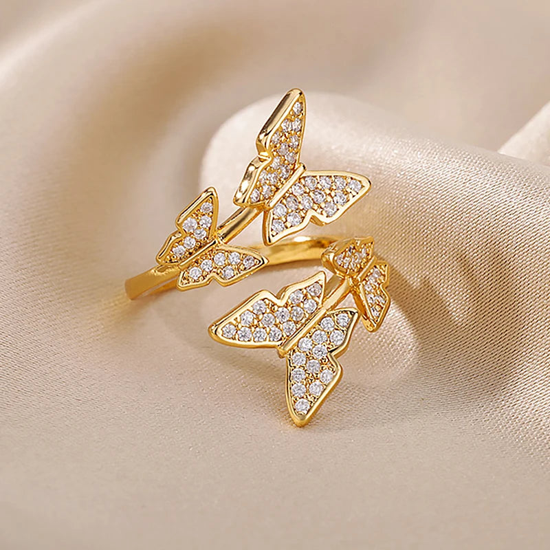 Veloura Zircon Butterfly Ring – Adjustable, Stainless Steel, Shiny, Trendy Wedding Couple Jewelry