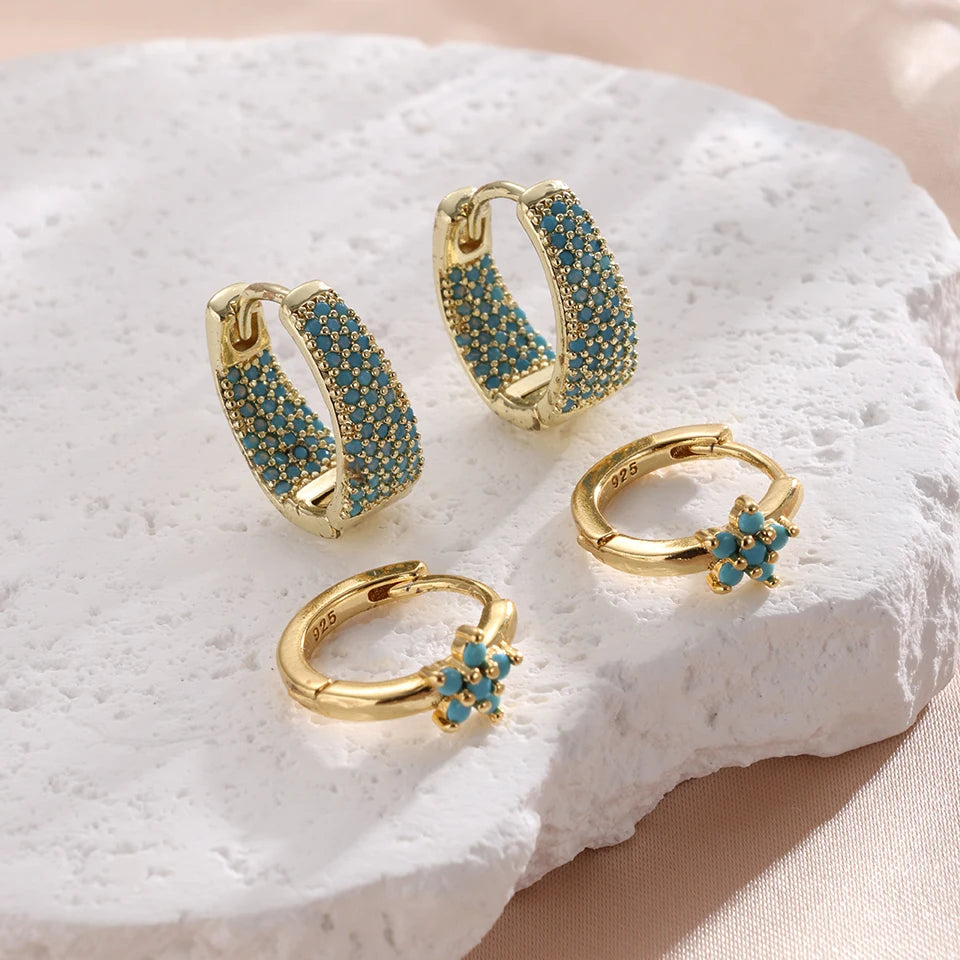 Veloura U-Shaped Flower Hoop Earrings - Cubic Zirconia & Turquoise