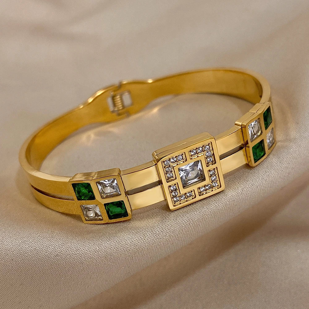 Veloura Emerald Zircon Cuff - Stainless Steel & CZ