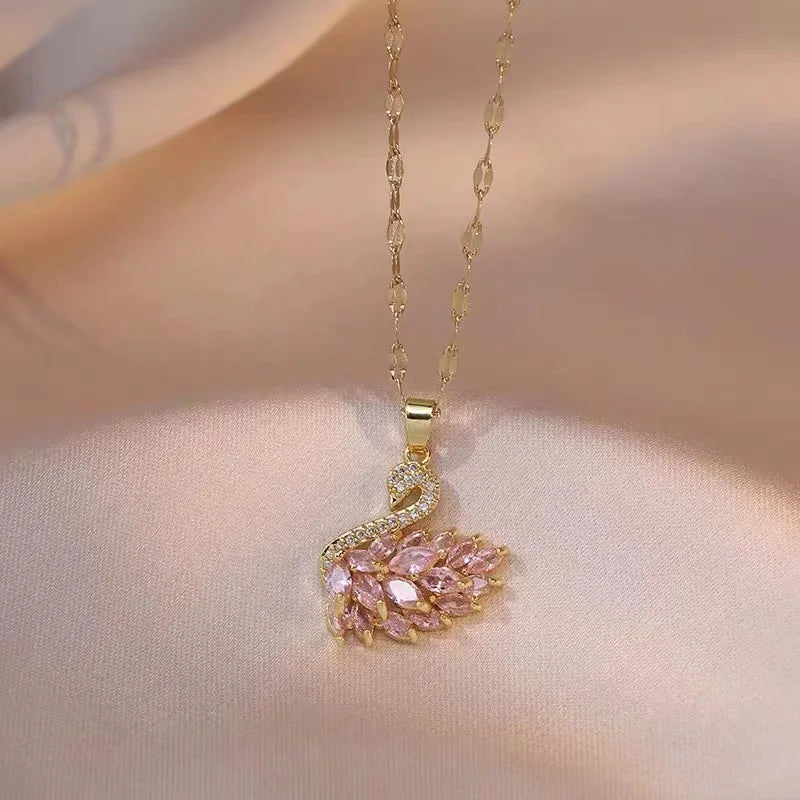 Veloura Crystal Swan Necklace – Zircon Gold-Tone Stainless Steel Design