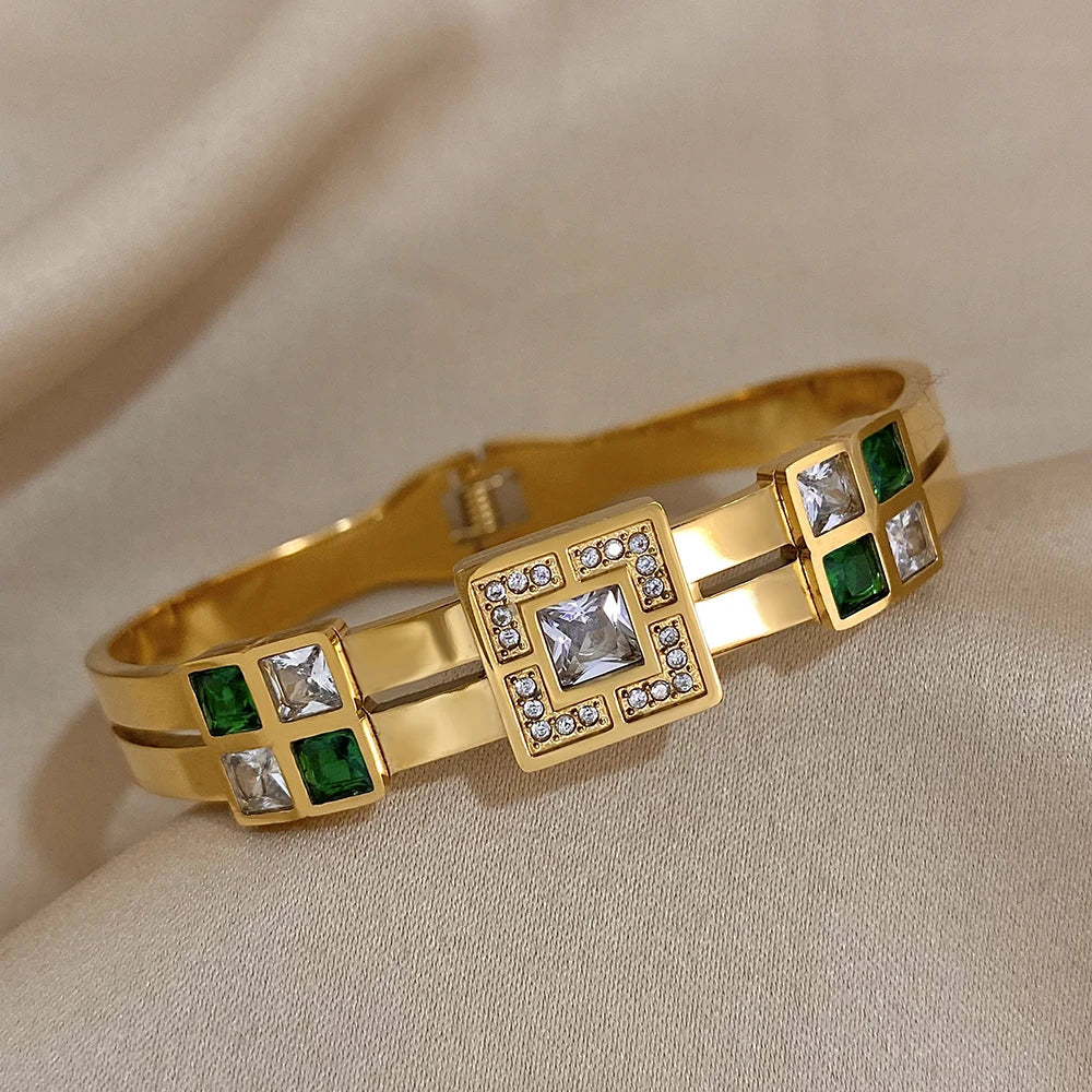 Veloura Emerald Zircon Cuff - Stainless Steel & CZ