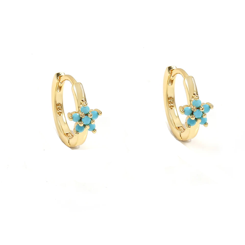 Veloura U-Shaped Flower Hoop Earrings - Cubic Zirconia & Turquoise