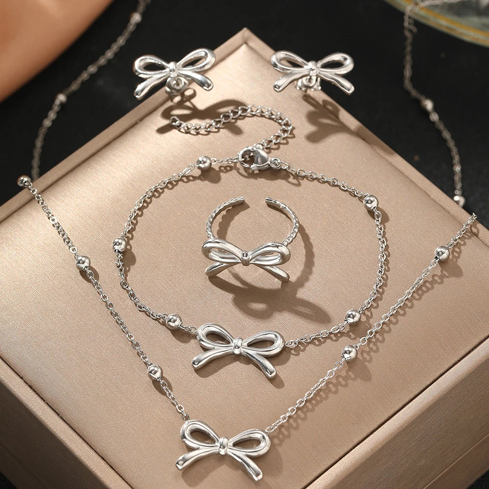 Veloura Stainless Steel Bow Design Jewelry Set – Necklace, Bracelet, Ring & Earrings 4-Pack