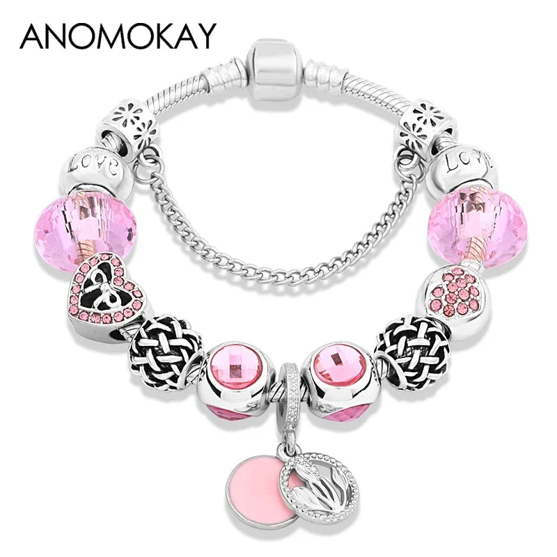 Romantic Pink Cherry Blossom Charm Bracelet