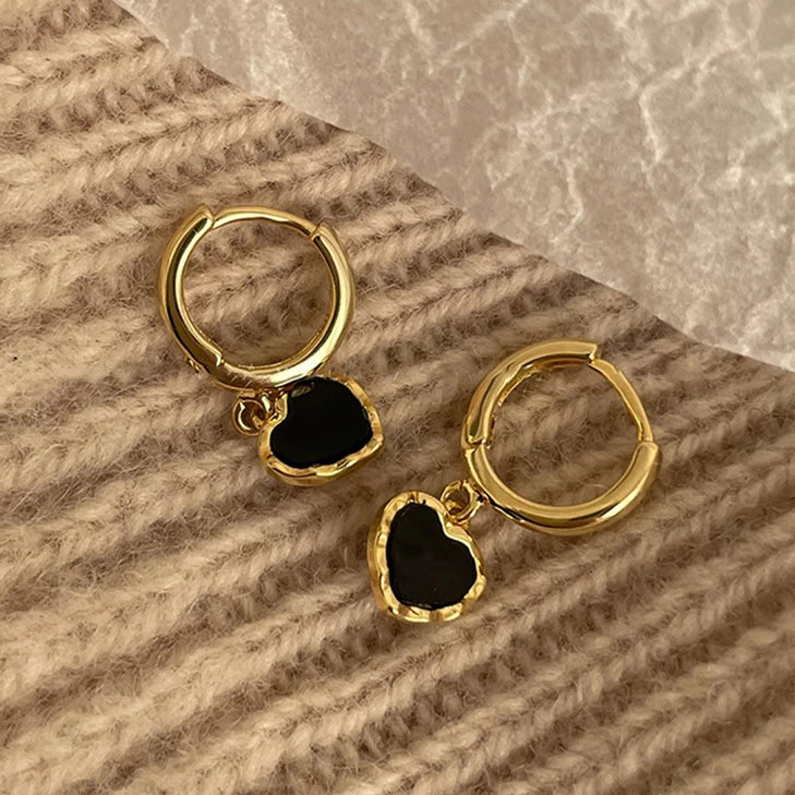 Veloura Black Heart Gold Hoop Earrings – Sterling Silver Elegance