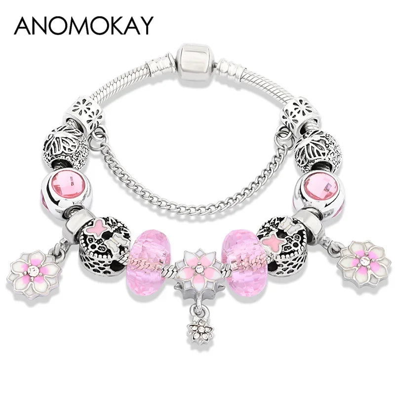 Romantic Pink Cherry Blossom Charm Bracelet