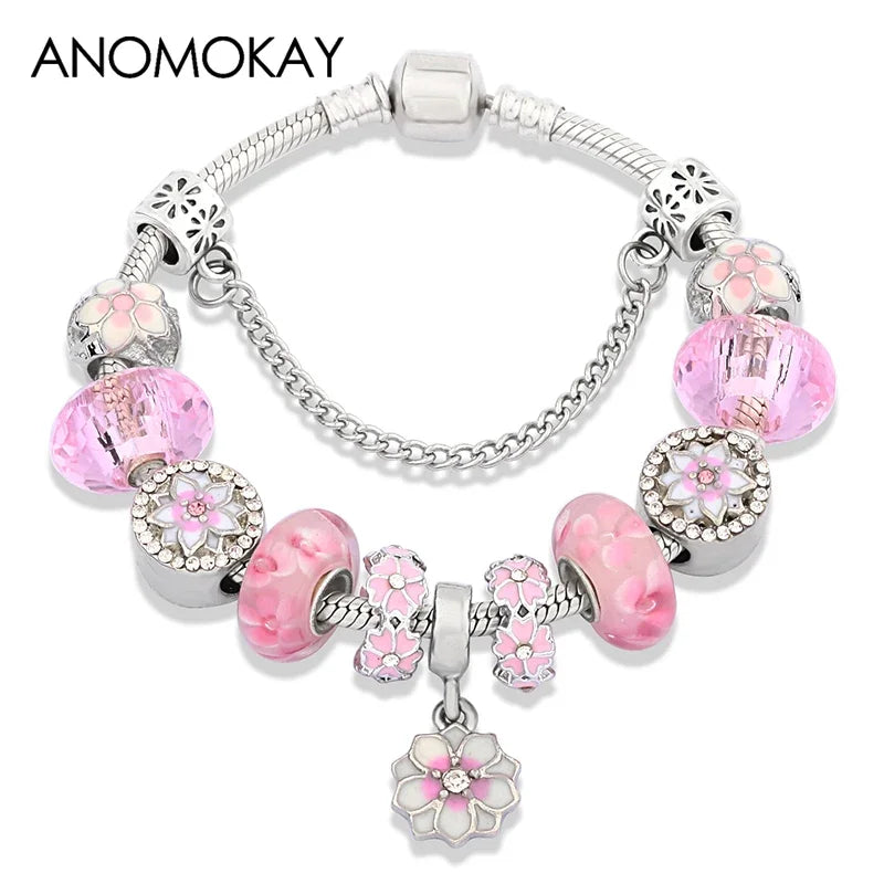 Romantic Pink Cherry Blossom Charm Bracelet