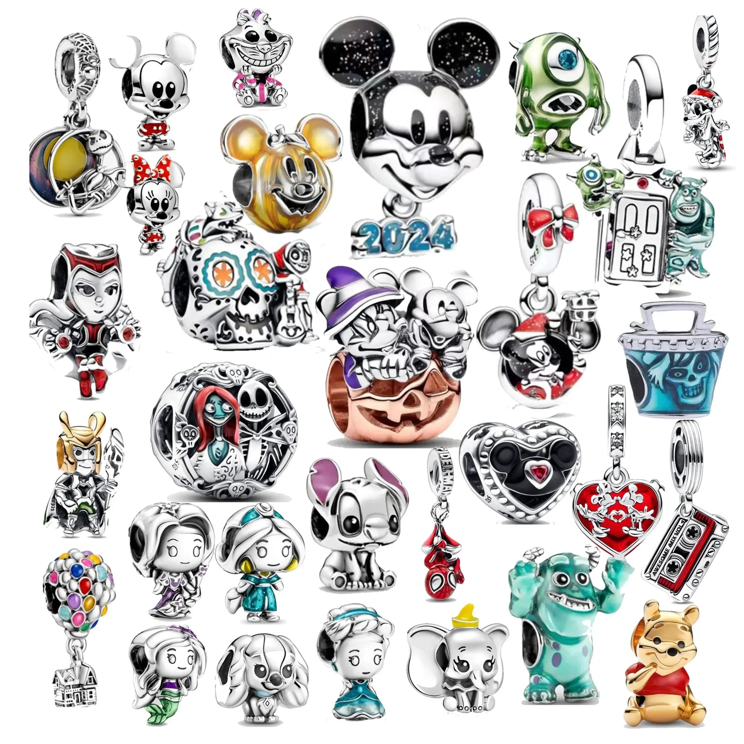 Disney Silver Charms - Mickey, Minnie, Princess, Stitch, Robots, Marvel