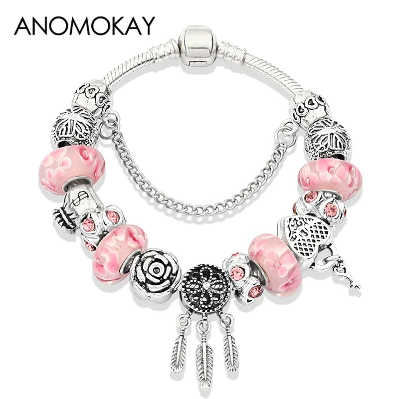 Romantic Pink Cherry Blossom Charm Bracelet