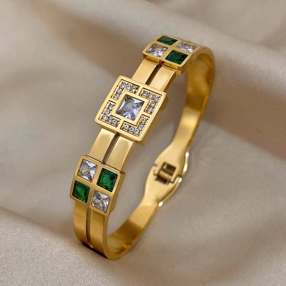 Veloura Emerald Zircon Cuff - Stainless Steel & CZ