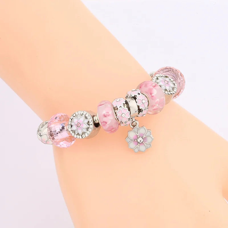 Romantic Pink Cherry Blossom Charm Bracelet