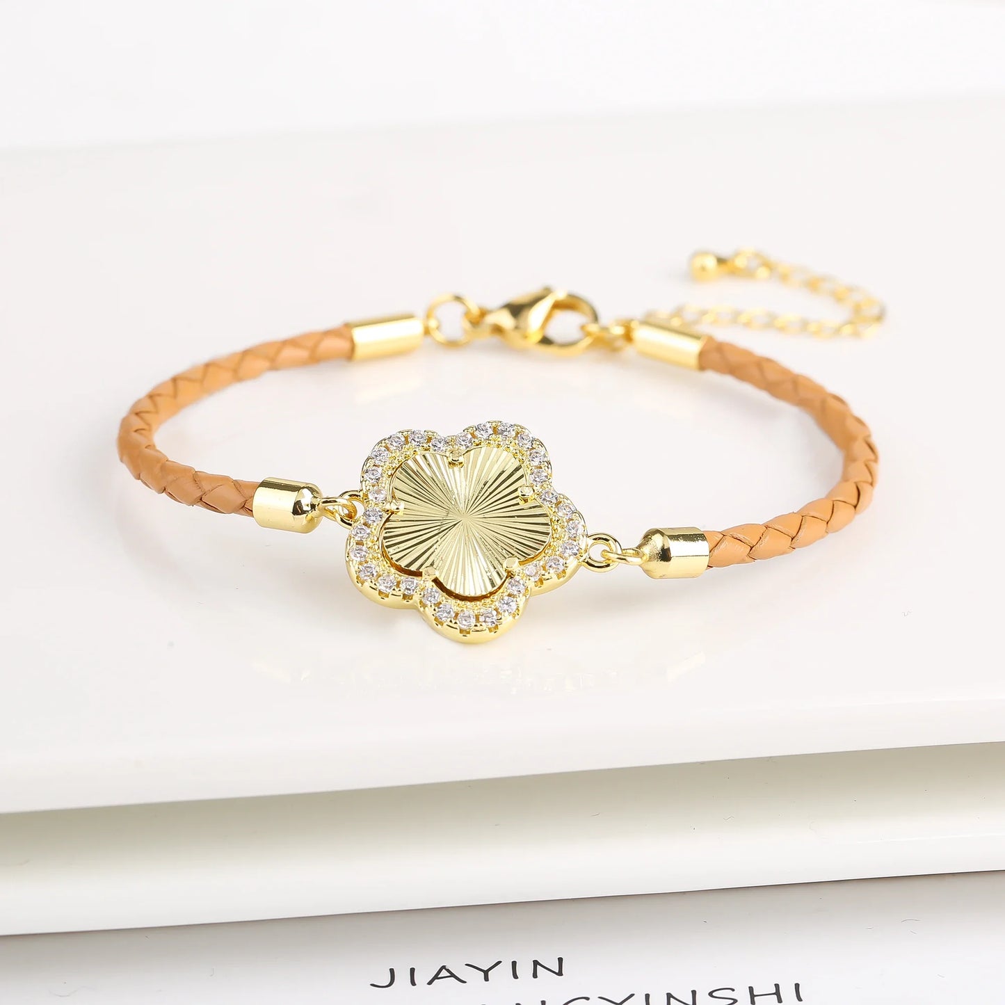 Veloura Five-Leaf Zircon Bracelet - Leather & Luxe Alloy