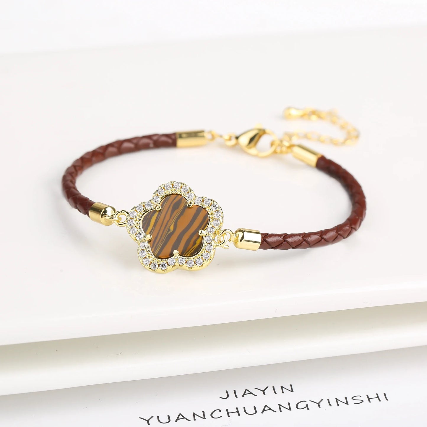 Veloura Five-Leaf Zircon Bracelet - Leather & Luxe Alloy