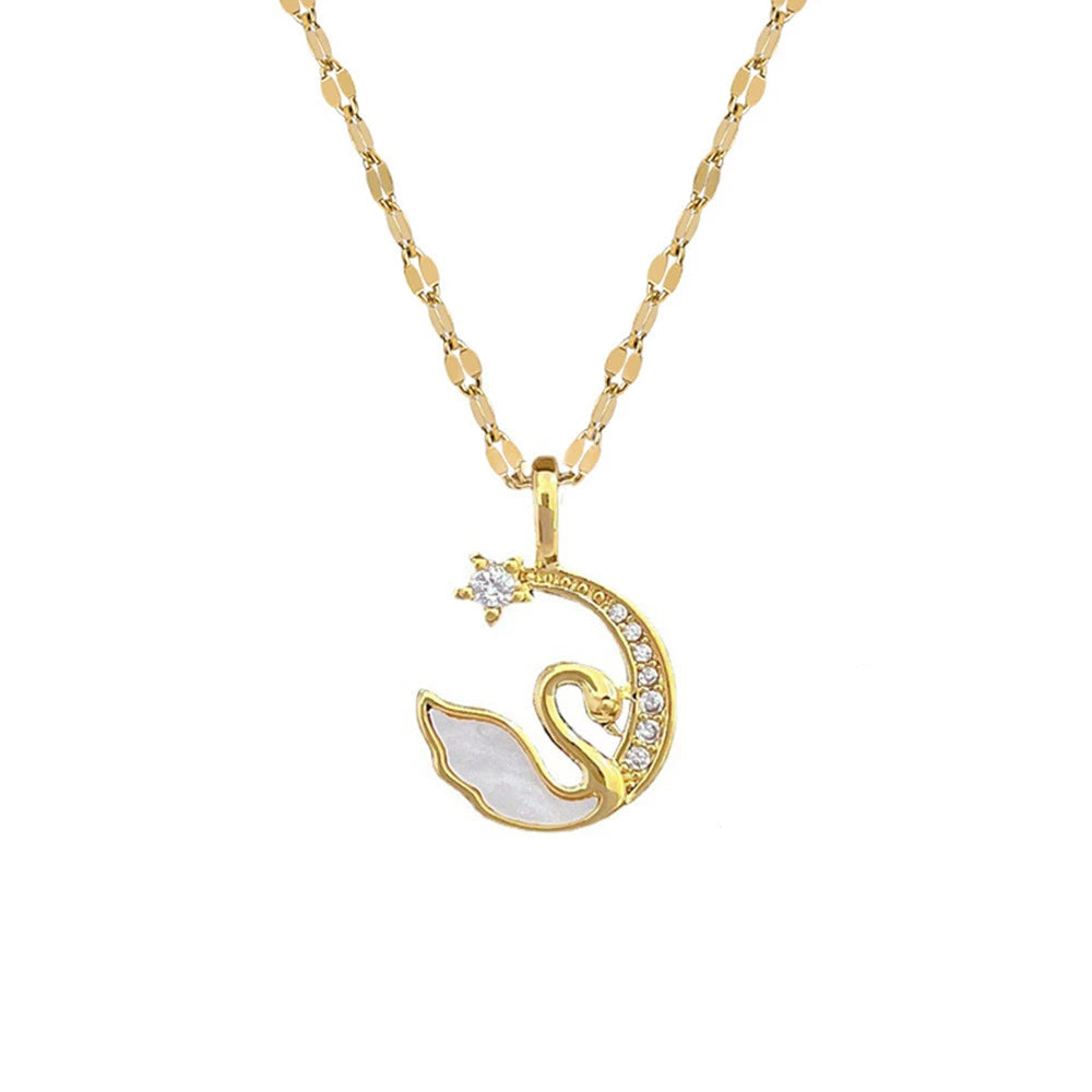 Veloura Swan Charm Necklace - Stainless Steel & CZ Zircon