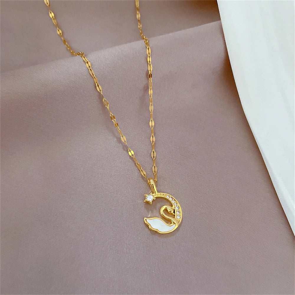 Veloura Swan Charm Necklace - Stainless Steel & CZ Zircon