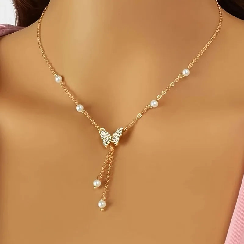 Veloura Monarch Butterfly Necklace – Pearl Chain & European-American Style