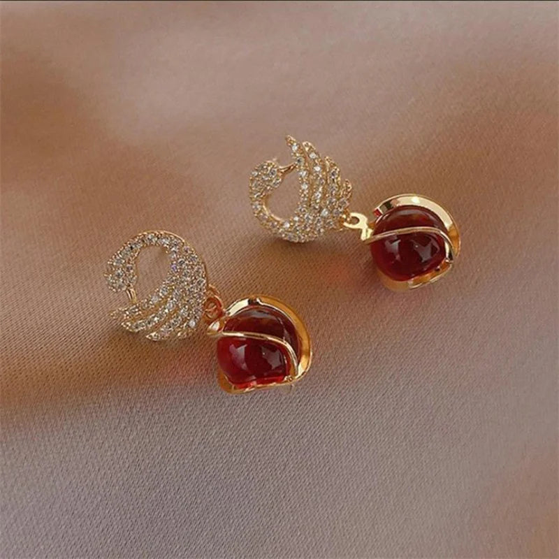 Veloura Scarlet Swan Earrings – Red Eye Stone Elegant Swan