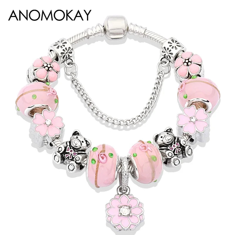 Romantic Pink Cherry Blossom Charm Bracelet