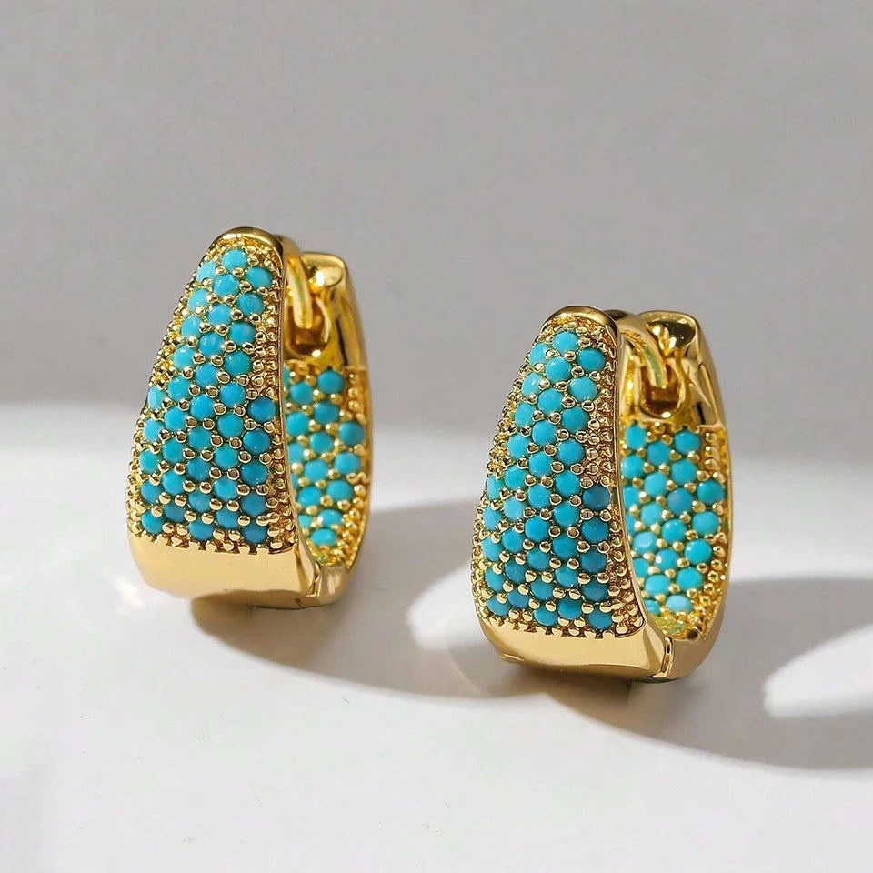 Veloura U-Shaped Flower Hoop Earrings - Cubic Zirconia & Turquoise