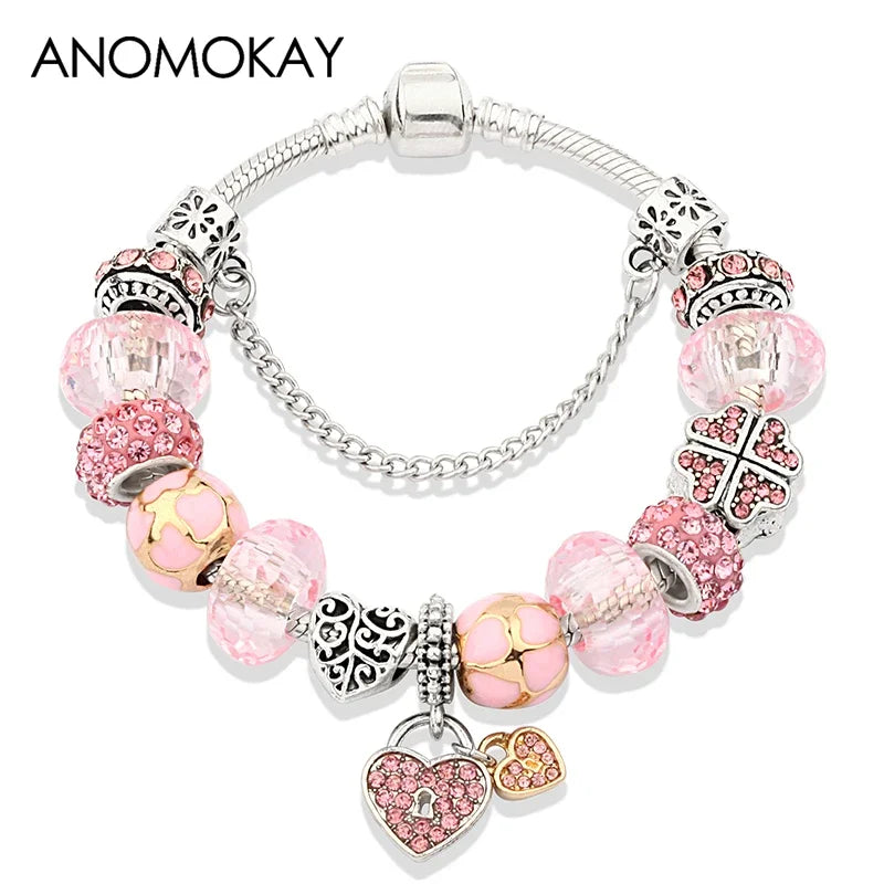 Romantic Pink Cherry Blossom Charm Bracelet