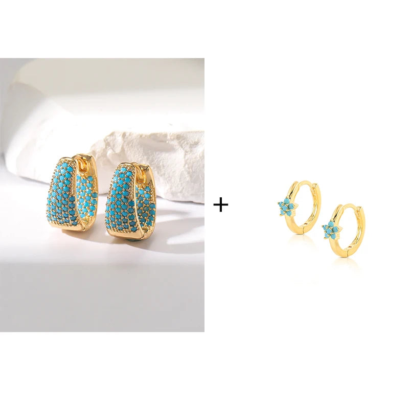 Veloura U-Shaped Flower Hoop Earrings - Cubic Zirconia & Turquoise