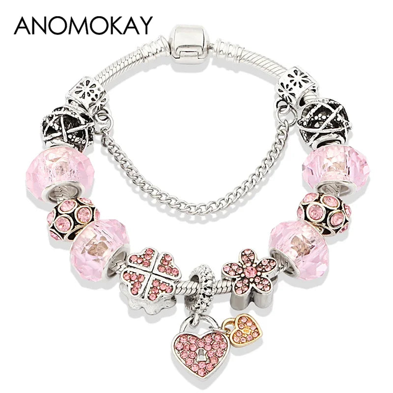 Romantic Pink Cherry Blossom Charm Bracelet