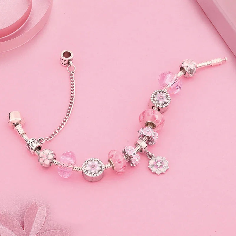 Romantic Pink Cherry Blossom Charm Bracelet