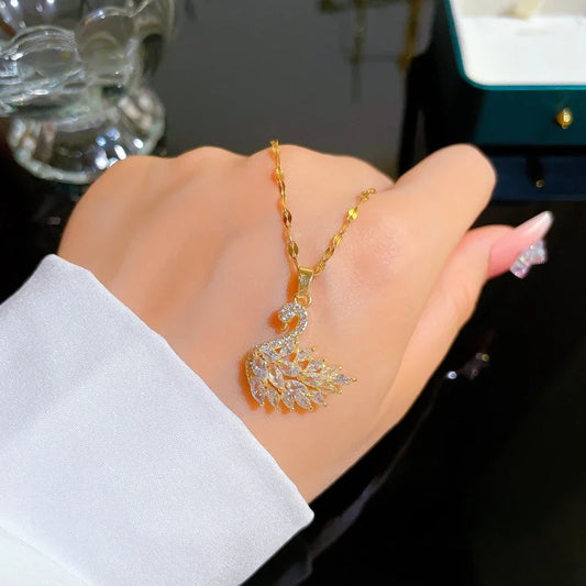 Veloura Crystal Swan Necklace – Zircon Gold-Tone Stainless Steel Design