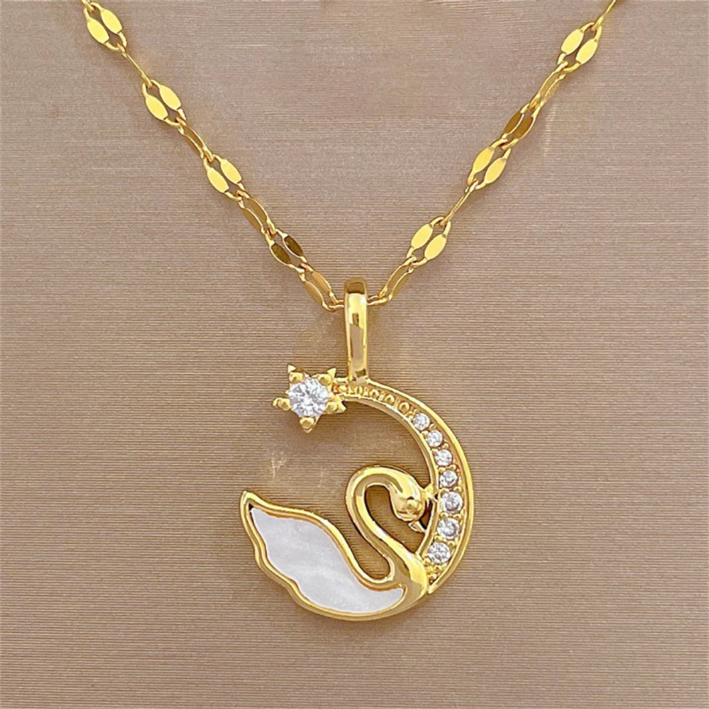 Veloura Swan Charm Necklace - Stainless Steel & CZ Zircon