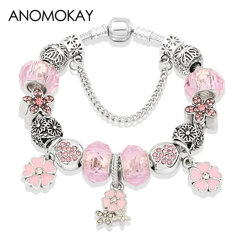 Romantic Pink Cherry Blossom Charm Bracelet