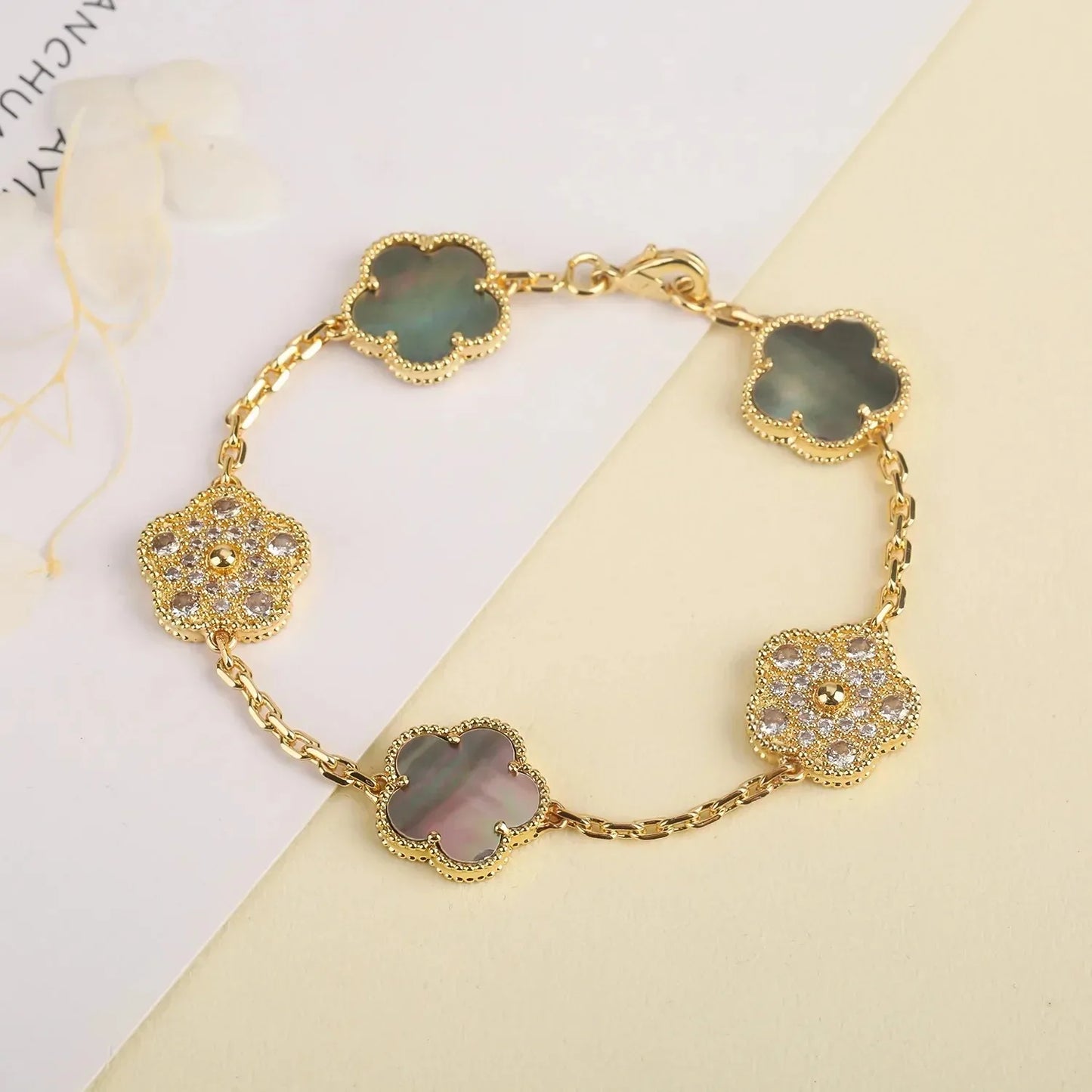 Veloura Four-Leaf Stone Bracelet - Natural Shell & Luxe Alloy