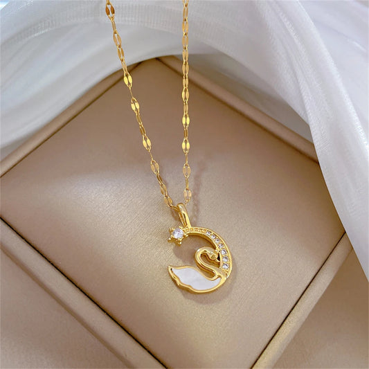 Veloura Swan Charm Necklace - Stainless Steel & CZ Zircon