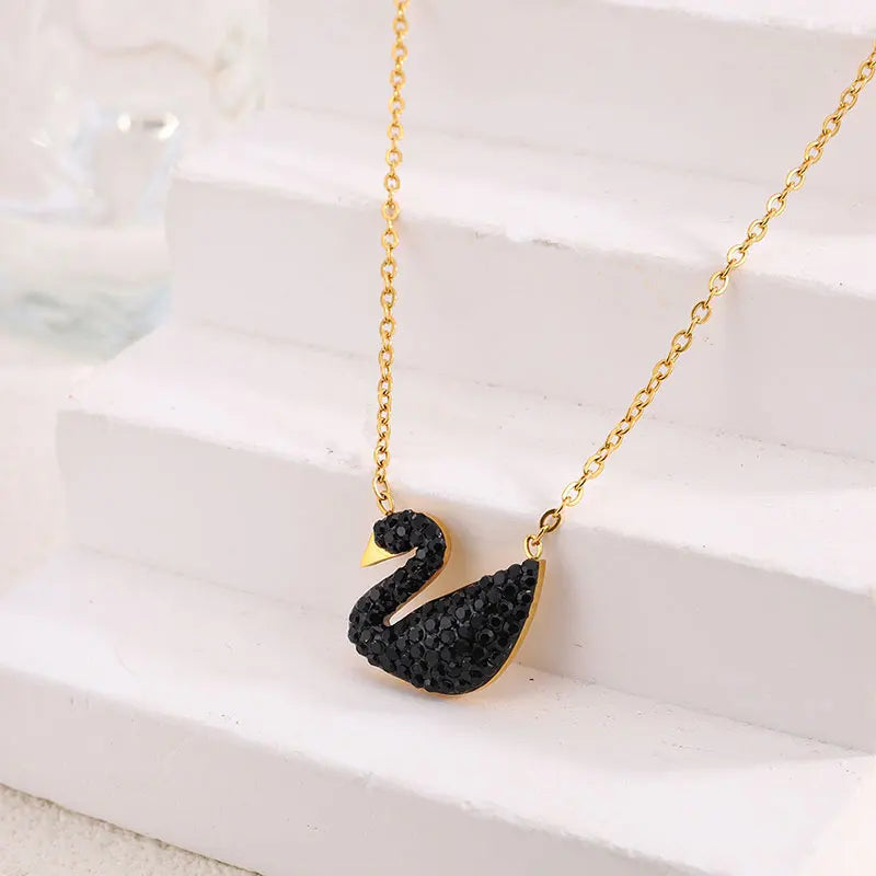 Veloura Noir Swan Necklace – Black Stainless Steel & Boudoir Elegance