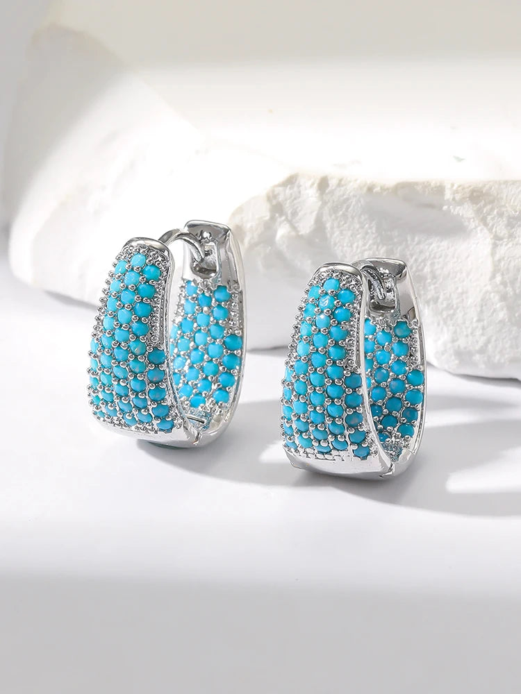 Veloura U-Shaped Flower Hoop Earrings - Cubic Zirconia & Turquoise