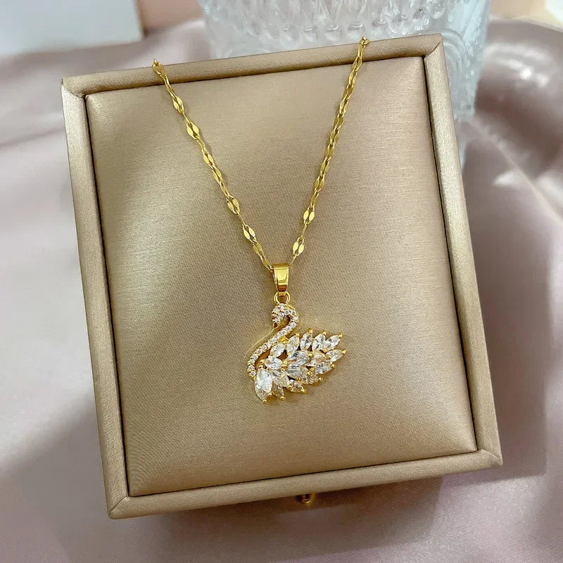 Veloura Crystal Swan Necklace – Zircon Gold-Tone Stainless Steel Design