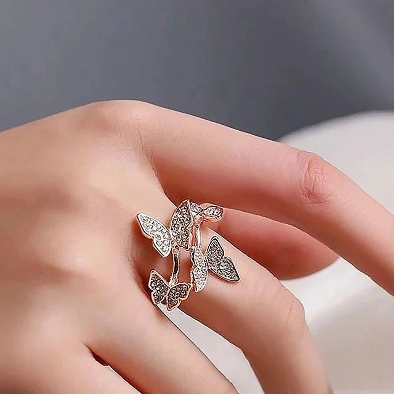 Veloura Zircon Butterfly Ring – Adjustable, Stainless Steel, Shiny, Trendy Wedding Couple Jewelry