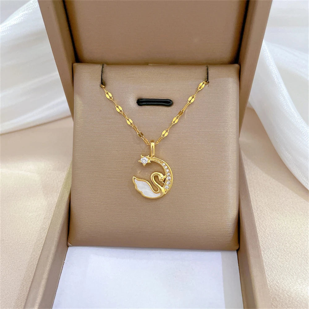 Veloura Swan Charm Necklace - Stainless Steel & CZ Zircon