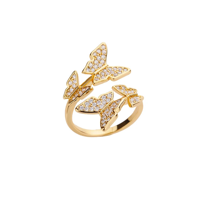 Veloura Zircon Butterfly Ring – Adjustable, Stainless Steel, Shiny, Trendy Wedding Couple Jewelry