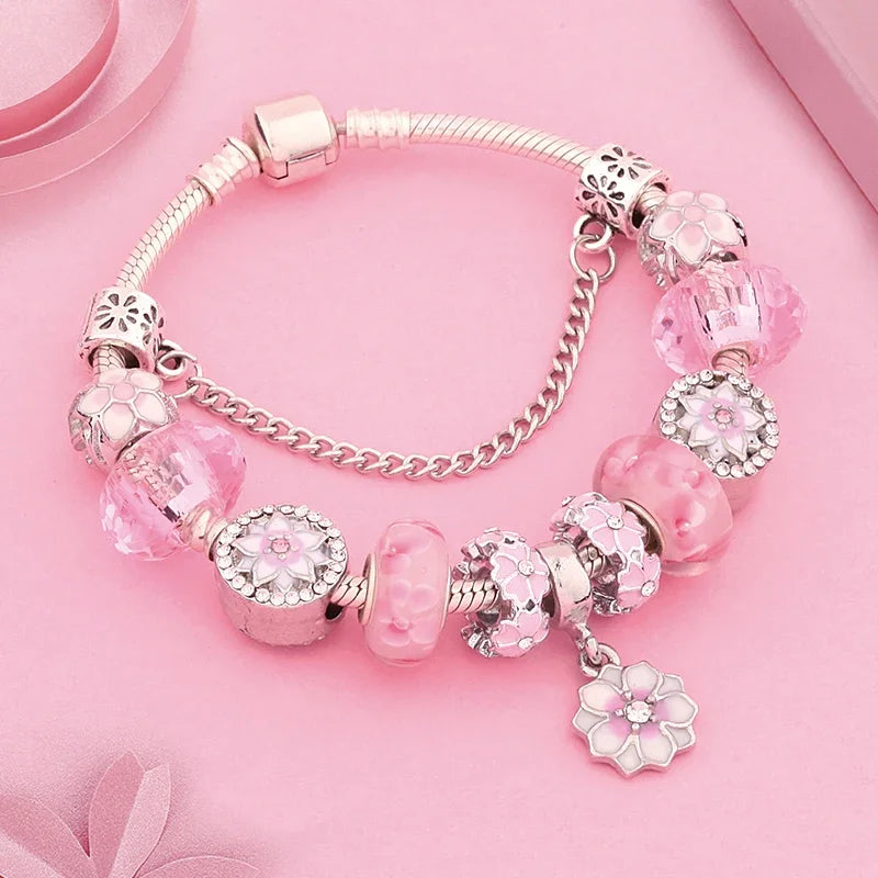 Romantic Pink Cherry Blossom Charm Bracelet