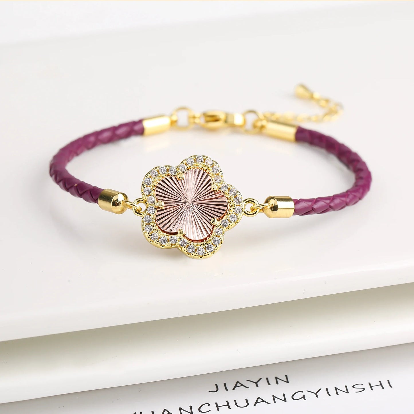 Veloura Five-Leaf Zircon Bracelet - Leather & Luxe Alloy